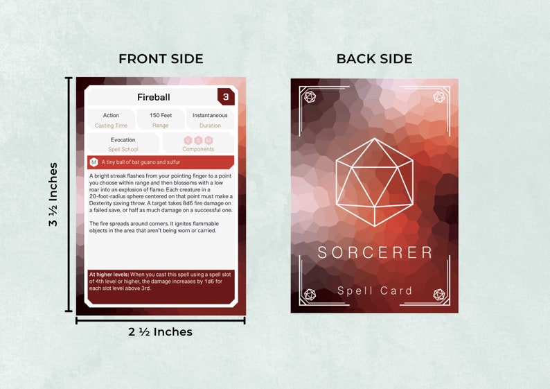 May include: A red and orange fantasy spell card for a sorcerer. The card is 3 1/2 inches tall and 2 1/2 inches wide. The card features the text "Fireball" and "Sorcerer Spell Card".