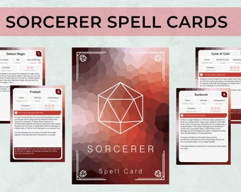May include: A set of red and white sorcerer spell cards with a red and white geometric background. The cards feature the text "SORCERER Spell Card" and the names of the spells: "Detect Magic", "Fireball", "Sunburst", and "Cone of Cold".