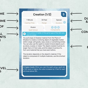 May include: A Dungeons and Dragons spell card for the spell Creation. The card is blue and white with a level 5 icon. The spell description explains how to create nonliving objects from vegetable matter or mineral objects. The spell card also includes information about casting time, range, duration, components, and higher level effects.