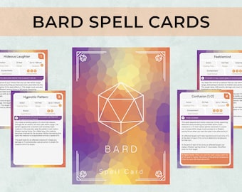May include: A set of colorful spell cards for a fantasy role-playing game. The cards feature a variety of spells, including "Hideous Laughter", "Hypnotic Pattern", "Confusion", and "Feeblemind". Each card has a title, a description of the spell, and a set of icons representing the spell's level, casting time, range, duration, and components.
