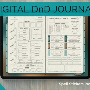 Digitaal DnD-personagedagboek, DnD-personageblad met spreukenkaarten, Goodnotes & Notability, Dungeons and Dragons 5e, kleurenserie - groenblauw