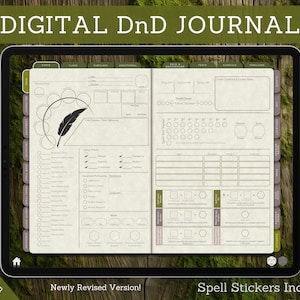 Diario digital de personajes de DnD, hoja de personaje de DnD con cartas de hechizo, notas y notabilidad, Dungeons and Dragons 5e, Edición Woodland