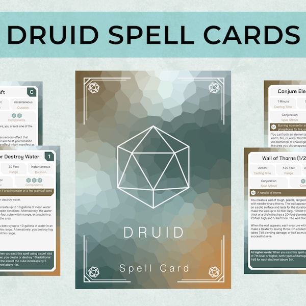 Dnd Druid Spell Cards, Custom 5th Edition Character Spell Cards, 5e Board Game Accessory for DnD, Spell book