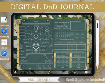 May include: A digital Dungeons and Dragons journal with an elven theme. The journal has a green background with gold accents and includes a character sheet, spell tracker, and other useful information. The journal is designed for use with a tablet or other digital device. Spell stickers are included.