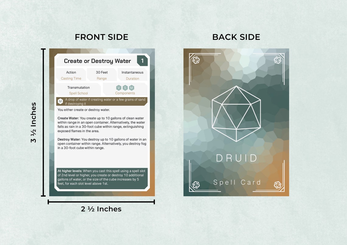 Dnd Druid Spell Cards Custom 5th Edition Character Spell Etsy