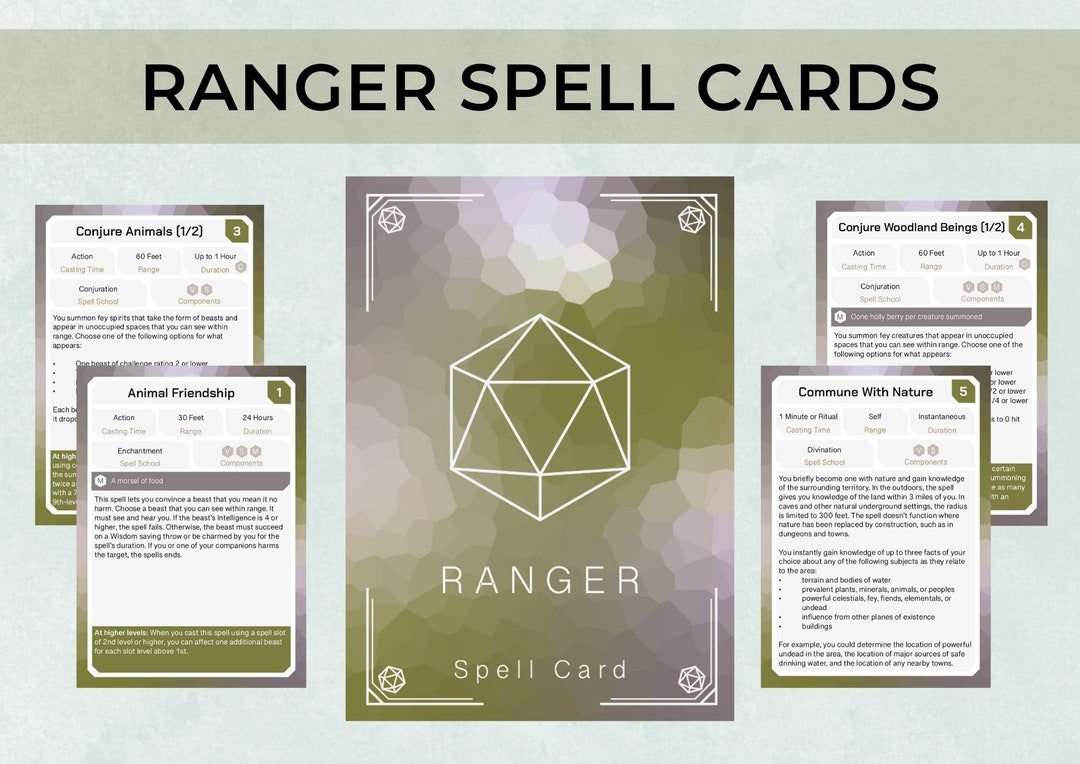 Dnd Ranger Spell Cards, Custom 5th Edition Character Spell Cards, 5e