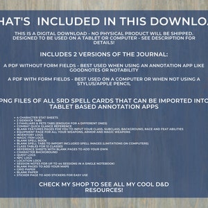 Puede incluir: Un gr&aacute;fico azul y blanco con el texto "What's Included in This Download" y una lista de contenido digital descargable para juegos de rol de Dungeons and Dragons. El contenido incluye hojas de personaje, cartas de hechizos y otros recursos imprimibles.