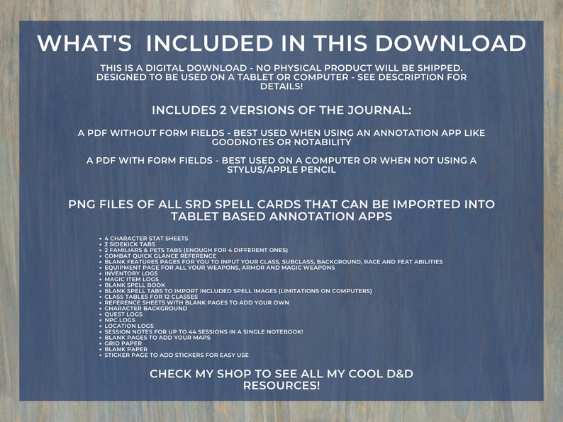 Puede incluir: Un gr&aacute;fico azul y blanco con el texto "What's Included in This Download" y una lista de contenido digital descargable para juegos de rol de Dungeons and Dragons. El contenido incluye hojas de personaje, cartas de hechizos y otros recursos imprimibles.