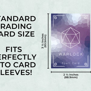 May include: A purple and blue watercolor-style card with a white outline of a twenty-sided die. The card is labeled "WARLOCK Spell Card" and measures 3 1/2 inches by 2 1/2 inches.