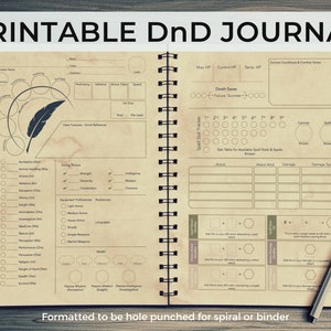 Diario de personaje de DnD imprimible, hoja de personaje de DnD con cartas de hechizo, tamaño A5, diario de campaña de Dungeons and Dragons 5e