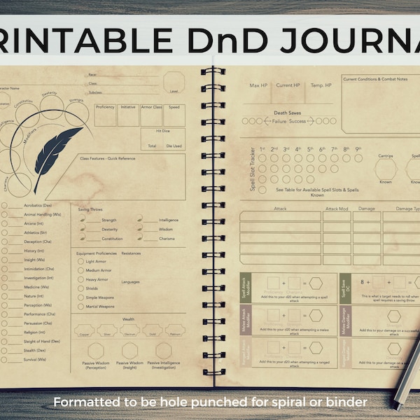 Druckbares DnD Charakter Journal, DnD Charakter Blatt mit Zauberkarten, A5 Format, Dungeons and Dragons 5e Kampagnen Journal