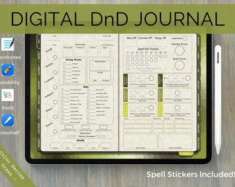 May include: A digital Dungeons and Dragons journal with a green cover. The journal is open to a page with character stats, spell slots, and other information. The journal is on a tablet with a stylus next to it. The text "Spell Stickers Included!" is at the bottom of the image.