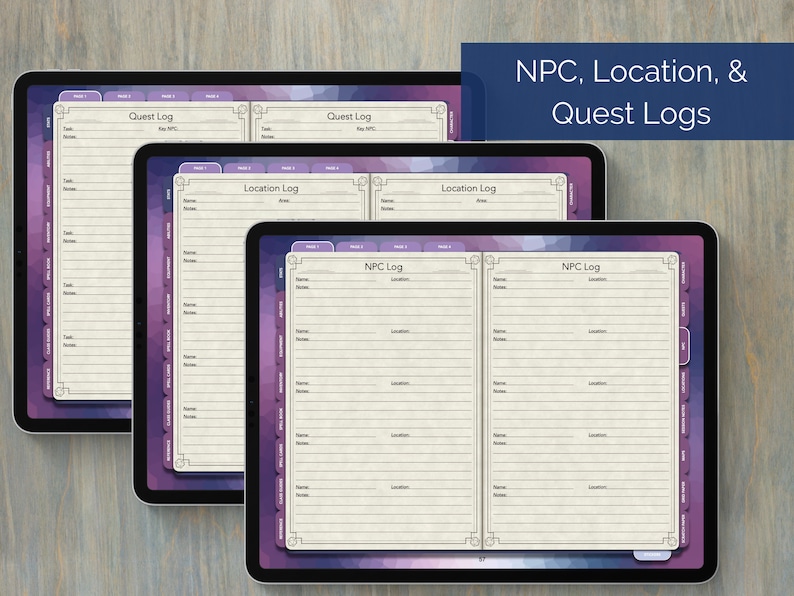 Puede incluir: Tres pantallas de tableta digital que muestran diferentes plantillas de registro para juegos de rol. Las plantillas est&aacute;n etiquetadas como "Registro de misiones", "Registro de ubicaciones" y "Registro de PNJ". Cada plantilla tiene varias columnas para registrar informaci&oacute;n.