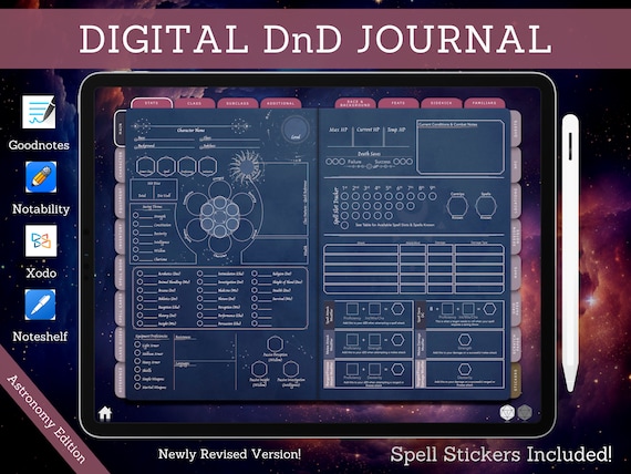 Digital DnD Character Journal , DnD Character Sheet with Spell Cards, Goodnotes & Notability, Dungeons and Dragons 5e Compatible, Astronomy