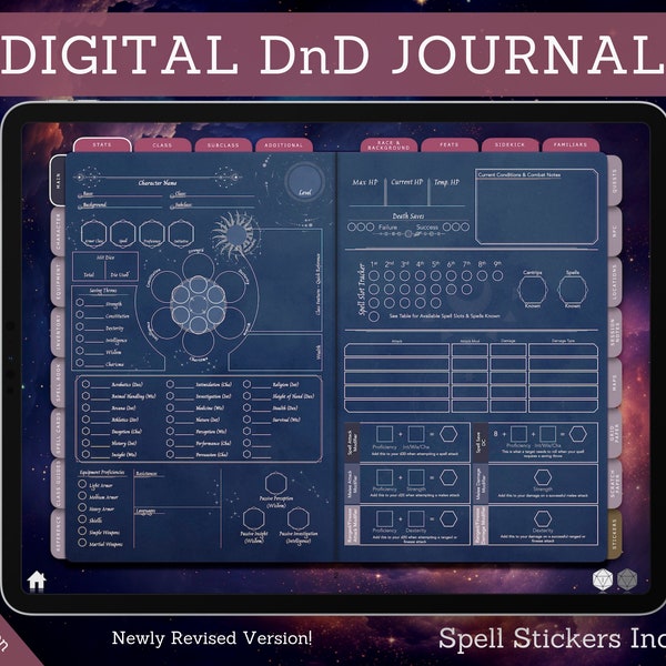 Digital DnD Character Journal , Feuille de personnage DnD avec cartes de sorts, Goodnotes & Notability, Donjons et Dragons 5e Compatible, Astronomie