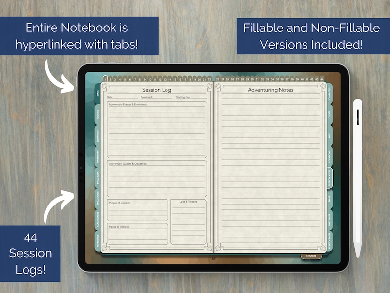 Puede incluir: Una tableta digital que muestra un cuaderno digital con 44 registros de sesi&oacute;n. El cuaderno est&aacute; dividido en dos secciones: "Registro de sesi&oacute;n" y "Notas de aventura". El cuaderno est&aacute; dise&ntilde;ado para juegos de rol e incluye secciones para registrar eventos notables, misiones activas, personas de inter&eacute;s y bot&iacute;n y tesoros. El cuaderno est&aacute; hipervinculado con pesta&ntilde;as e incluye versiones rellenables y no rellenables.