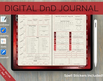 May include: A digital Dungeons and Dragons journal with a red background. The journal has sections for character information, spells, and combat. The text "Spell Stickers Included!" is at the bottom of the image.