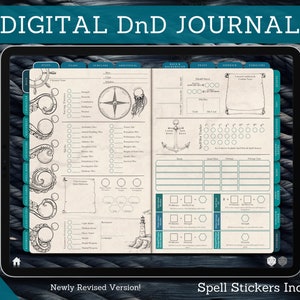 Diário de personagem digital de D&D, ficha de personagem de D&D com cartas de magia, notas de boas práticas e notabilidade, compatível com Dungeons and Dragons 5e, náutico