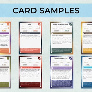 May include: Eight colorful cards with a light blue background, each card features a different spell name, description, and stats. The cards are titled "Card Samples".