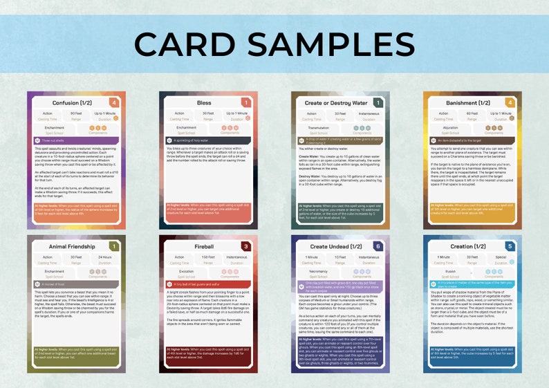 May include: Eight colorful cards with a light blue background, each card features a different spell name, description, and stats. The cards are titled "Card Samples".