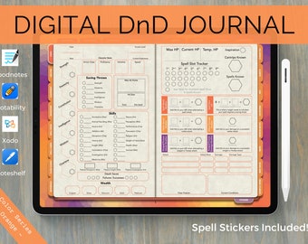 May include: A digital journal for Dungeons and Dragons roleplaying games. The journal has an orange cover with the text "DIGITAL DnD JOURNAL" in white. The journal is open to a page with a character sheet and a spell tracker. The journal is designed for use with a stylus on a tablet.