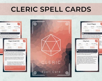 May include: A set of five spell cards for a cleric character in a tabletop role-playing game. The cards are printed on a textured background with a geometric pattern. Each card features a different spell, including Bless, Magic Circle, Insect Plague, and Holy Aura. The cards are designed with a modern aesthetic and include details such as the spell's name, action, casting time, range, duration, components, and description.