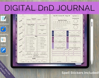 Digital DnD Character Journal , DnD Character Sheet with Spell Cards, Goodnotes & Notability, Dungeons and Dragons 5e, Color Series - Purple
