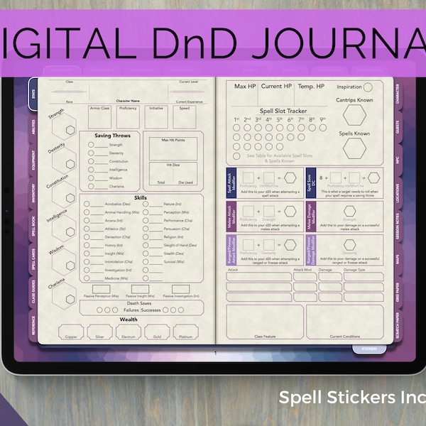 Digital DnD Character Journal , DnD Character Sheet with Spell Cards, Goodnotes & Notability, Dungeons and Dragons 5e, Color Series - Purple
