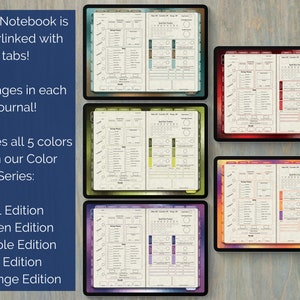 Puede incluir: Cinco planificadores digitales mostrados en tabletas, cada uno con un fondo de color diferente: verde azulado, verde, morado, rojo y naranja. Cada planificador tiene 140 p&aacute;ginas y est&aacute; hipervinculado con pesta&ntilde;as. El texto "Entire Notebook is hyperlinked with tabs!" y "140 pages in each journal!" se muestra en el lado izquierdo de la imagen. El texto "Includes all 5 colors from our Color Series:" se muestra debajo del texto "140 pages in each journal!" y una lista de los cinco colores se muestra debajo del texto "Includes all 5 colors from our Color Series:".