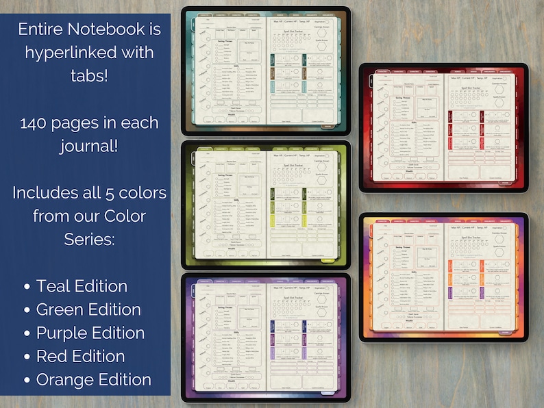 Puede incluir: Cinco planificadores digitales mostrados en tabletas, cada uno con un fondo de color diferente: verde azulado, verde, morado, rojo y naranja. Cada planificador tiene 140 p&aacute;ginas y est&aacute; hipervinculado con pesta&ntilde;as. El texto "Entire Notebook is hyperlinked with tabs!" y "140 pages in each journal!" se muestra en el lado izquierdo de la imagen. El texto "Includes all 5 colors from our Color Series:" se muestra debajo del texto "140 pages in each journal!" y una lista de los cinco colores se muestra debajo del texto "Includes all 5 colors from our Color Series:".