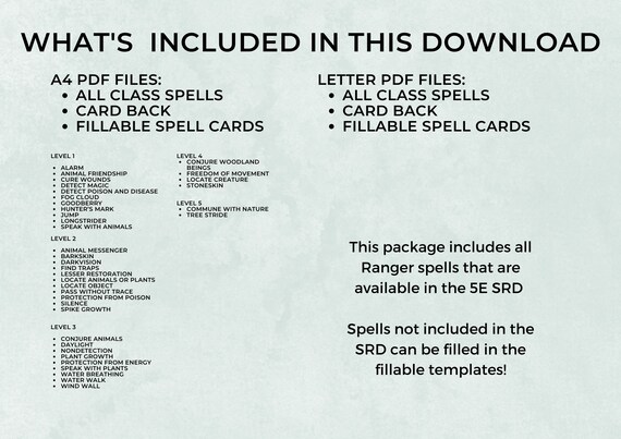 Dnd Ranger Spell Cards, Custom 5th Edition Character Spell Cards, 5e Board  Game Accessory for Dnd, Spell Book - Etsy