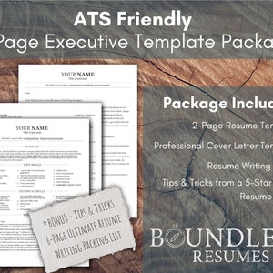May include: A digital marketing product for creating a professional resume and cover letter. The package includes a 2-page resume template, a professional cover letter template, a resume writing guide, and tips and tricks from a 5-star rated resume writer. The product is called "Boundless Resumes".