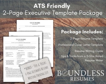 2-Page Executive ATS Friendly Professional Resume Template Package | 2-Page Resume / CV + Cover Letter + Writing Guide | Instant Download