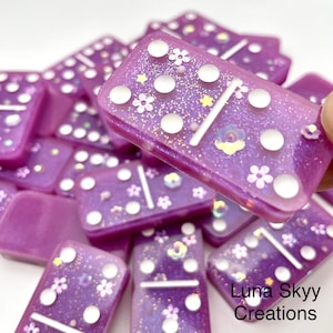 Cute Domino Set Handmade- One of a kind-Custom Sparkle Epoxy Resin Art-Double Six Classic Games-Family Game Night-Glitter Dominoes