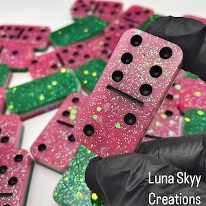 Watermelon Domino Set Handmade-Custom Glitter Epoxy Resin Art-Double Six Classic Games-Family Game Night-Glitter Dominoes-Summertime Fruit