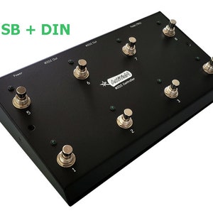 Peut inclure: Contrôleur MIDI noir avec huit interrupteurs à pied argentés. Le contrôleur porte l'inscription "Action MIDI Controller" et "USB + DIN" en vert. Les interrupteurs sont numérotés de 1 à 8. Un bouton d'alimentation est également visible.