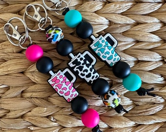 Tumblr Cup Themed Keychain Pink, Teal, Leopard Silicone Beaded Key Charms Accessories