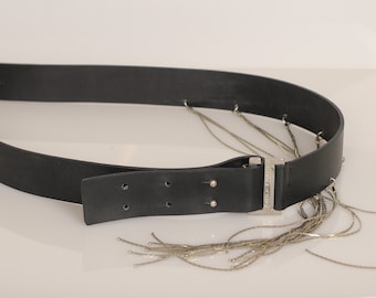 Paolo Frani Black Leather Belt with Silver Chains M