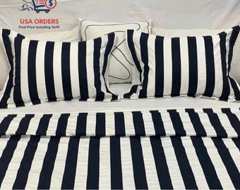 El juego de funda nórdica de satén 100 % algodón con rayas en blanco y negro incluye 1 edredón y 2 fundas de almohada.