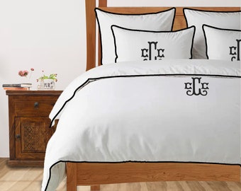 Personalized Monogram 400TC White Cotton Sateen Hotel Stitch Piping Duvet Cover Set Includes 1 Duvet Cover and 2 Pillow Sham