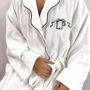 Cotton Scalloped Embroidery border Bathrobe with Monogram , White Bathcoat 100% Terry Cotton