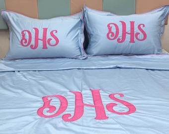 Personalized Monogram 400TC Cotton Sateen Hotel Stitch Piping Duvet Cover Set in Different colors Includes 1 Duvet Cover and 2 Pillow Sham