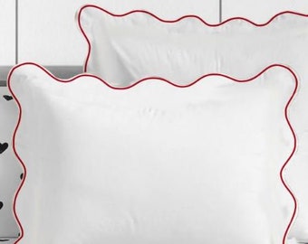 400 Thread Count White Cotton Sateen Hotel Stitch Pillow Sham with Scalloped Embroidery 2-inch flange