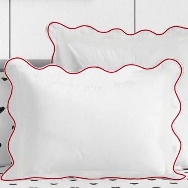 400 Thread Count White Cotton Sateen Hotel Stitch Pillow Sham with Scalloped Embroidery 2-inch flange