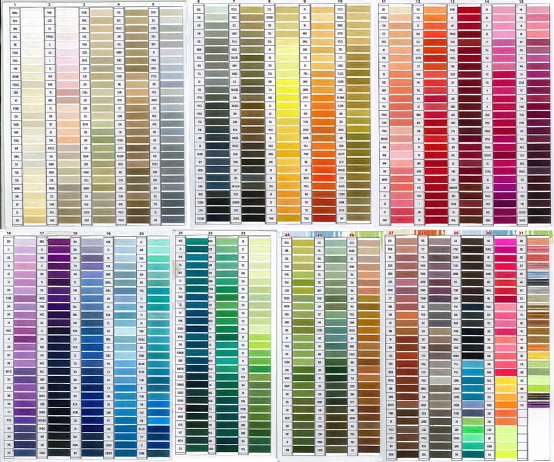 May include: A collection of color charts displaying a wide range of thread colors. The charts are arranged in rows and columns, showcasing various shades of beige, gray, yellow, orange, red, pink, purple, blue, green, and more. Each color is labeled with a number.