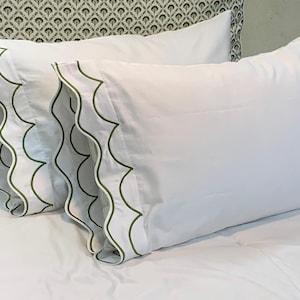 400 Thread Count White Cotton Sateen Hotel Stitch Pillowcase with one side Double Scalloped Embroidery border