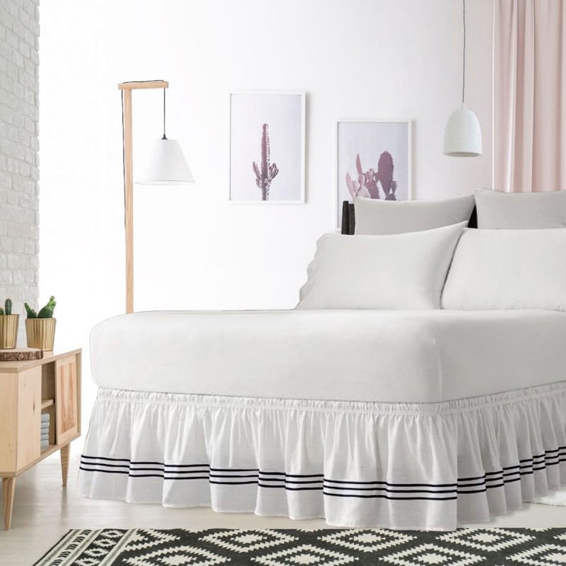 White Gathered Bed Skirt in Triple Embroidered Border 8 to 39 Drop