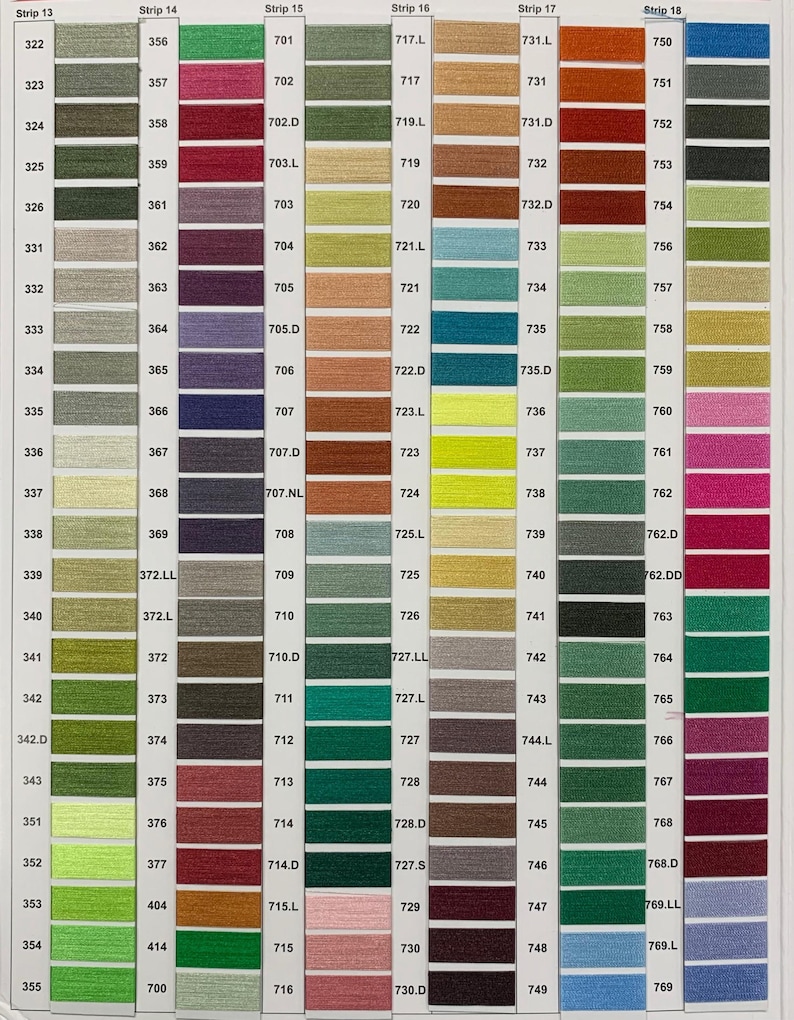 May include: A color chart of embroidery floss with numbered thread colors. The chart is organized by color families, with each color family represented by a vertical strip. The chart includes a variety of colors, including red, green, blue, yellow, and brown.