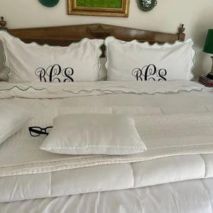 Monogram 500 TC White Cotton Sateen Hotel Stitch Duvet Cover Set in ...