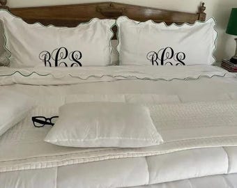 Monogram 500 TC White Cotton Sateen Hotel Stitch Duvet Cover Set in Saclloped Embroidery 1 Duvet Cover and 2 Pillow Sham Cover